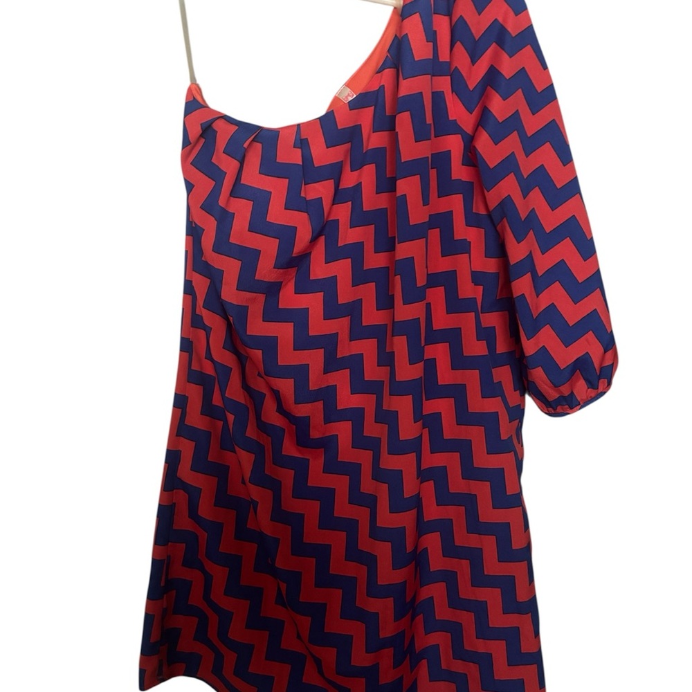 36 Cocolove Red and Blue Zigzag Patterned off the shoulder dress